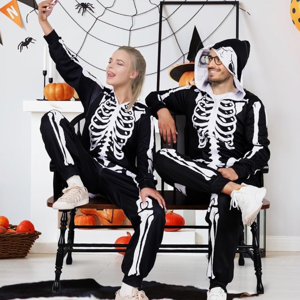 NWT Halloween Costume Printed Skeleton Hooded Zipper Onesie, Unisex, Large - Picture 3 of 10